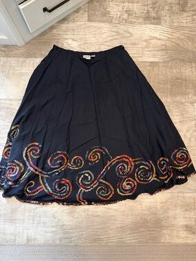 Chico's Black Midi Skirt with Multicolor Swirl Embroidery